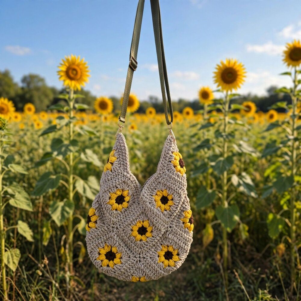 Handmade Crochet Sunflower Granny Square Crossbody Bag Cow Print Lining Fall